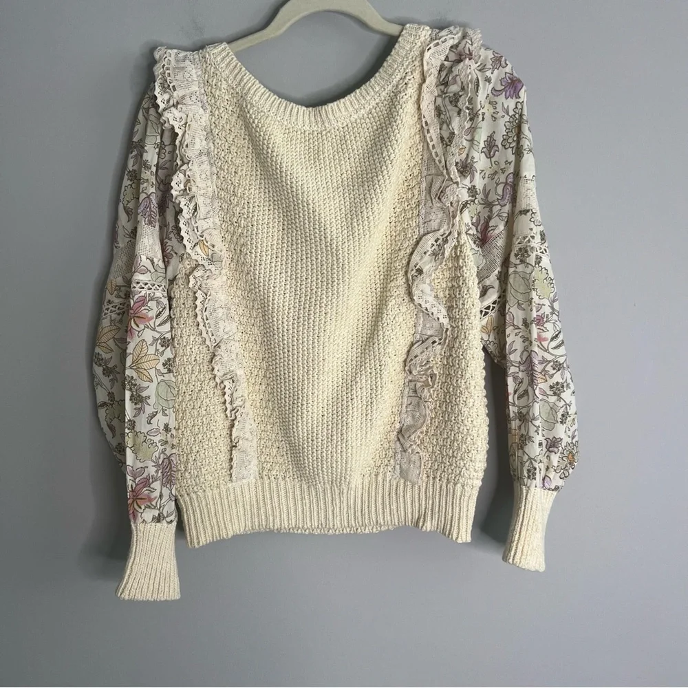 Anthropologie Printed Sleeve Ruffle Sweater Top Long Sleeve Women's Small